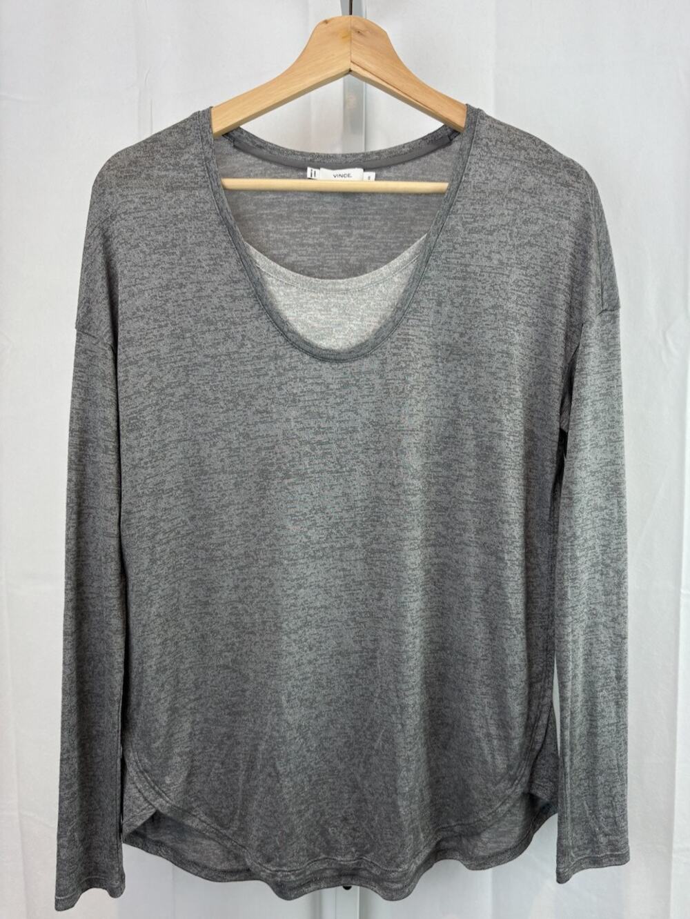 VINCE Size XS Two Tone Pullover Top Long Sleeve Layered Look Scoop Neck Gray